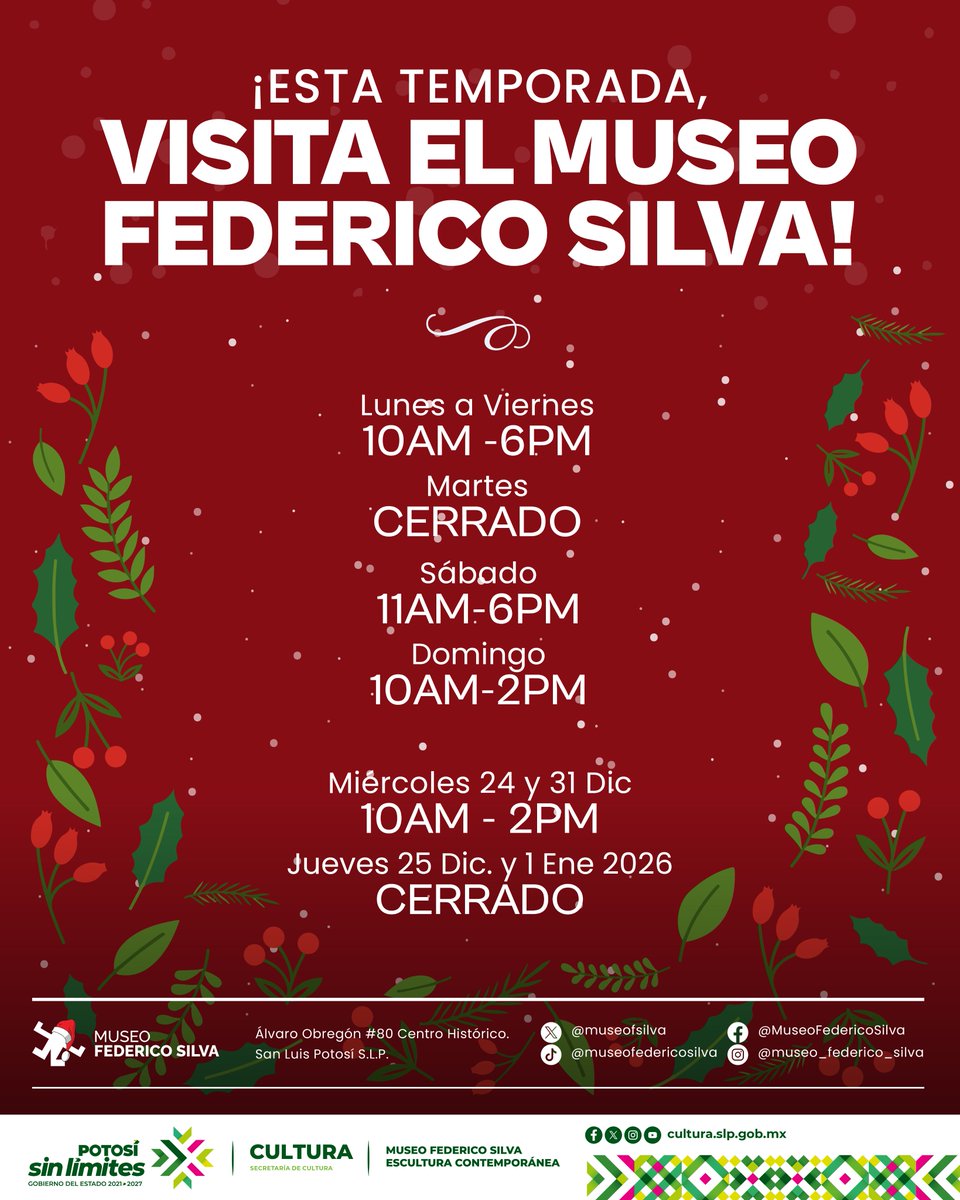 Para que no te olvides de nuestros horarios para estas fechas de fin de año, guarda esta imagen 😉Trae a tus visitas a conocer el #museofedericosilva, el único museo especializado en escultura contemporánea en América Latina. #ricardogallardo #potosisinlimites #culturasinlimites