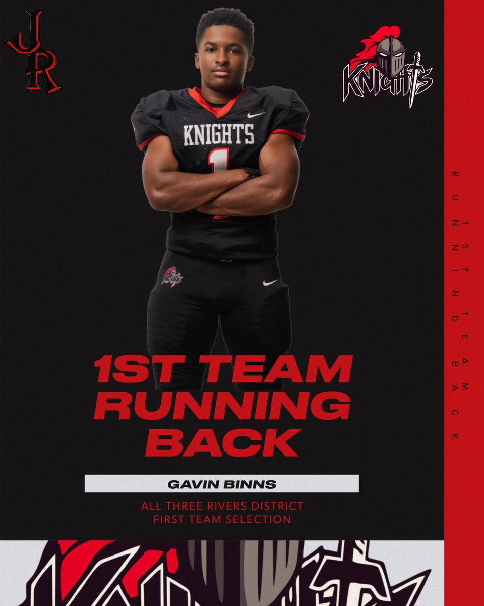 KnightsJrhs's tweet image. Congratulations to Gavin Binns for making 1st Team All Three Rivers District at Running Back!! Congrats Gavin!!