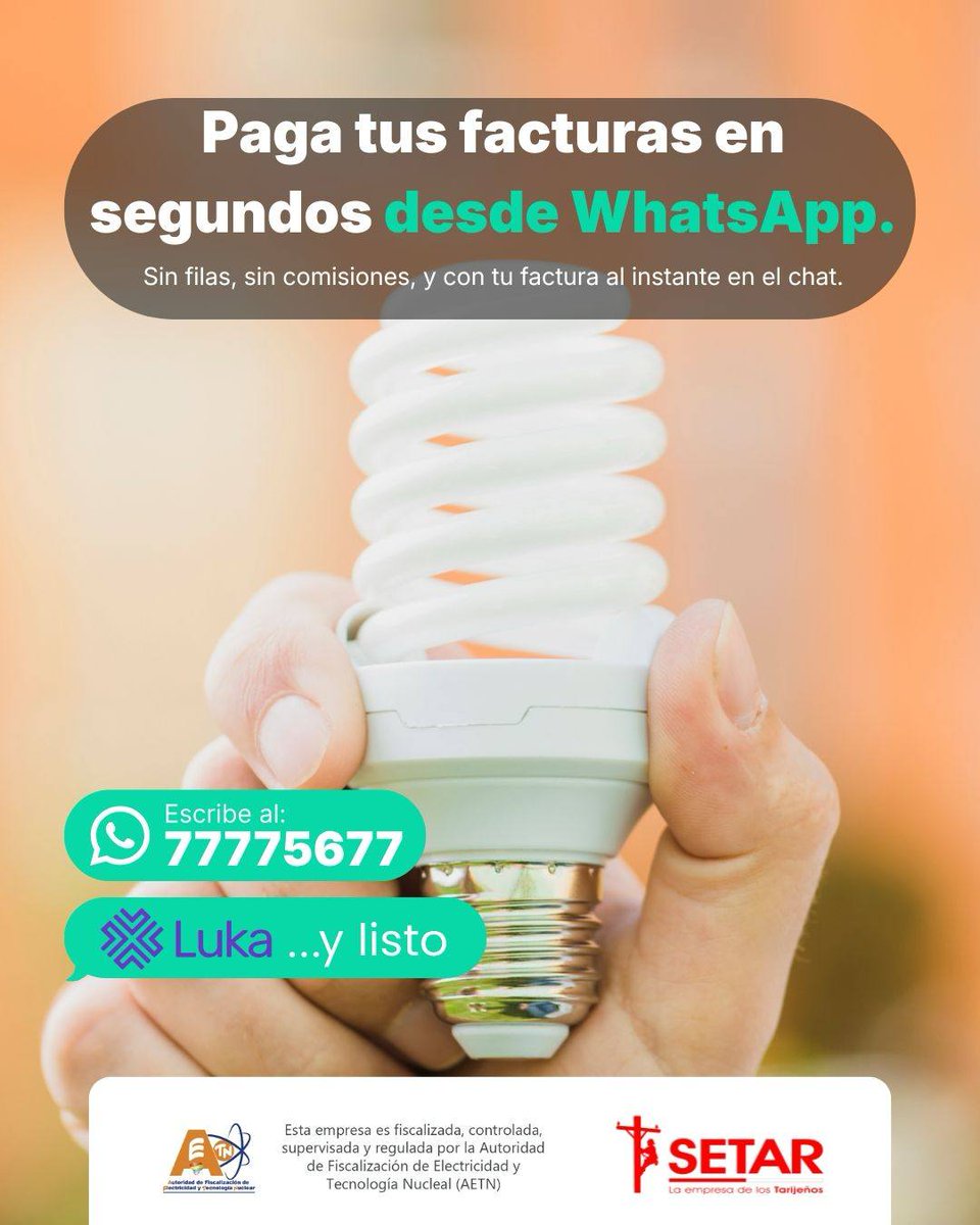 PlusTLT's tweet image. 💡 Pagar la luz es tan sencillo como enviar un mensaje de WhatsApp. Te invitamos a probar ingresando al enlace: chat.luka.bo/SetarWA o escribiendo al 7777567.

#Setar #PagarEsSencillo #EnvíaUnMensaje #WhatsApp #LaEmpresaDeLosTarijeños #Tarija #Bolivia