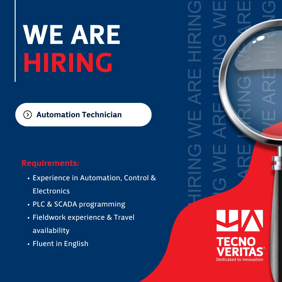 🔧 We’re Hiring: Automation, Control &amp; Electronics Technician
#TecnoVeritas #WeAreHiring #AutomationTechnician #JoinOurTeam #RandD #CareersInPortugal #ApplyNow