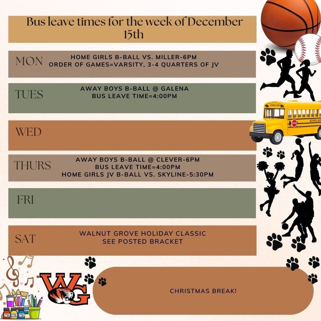 Bus leave times for the week of December 15th.