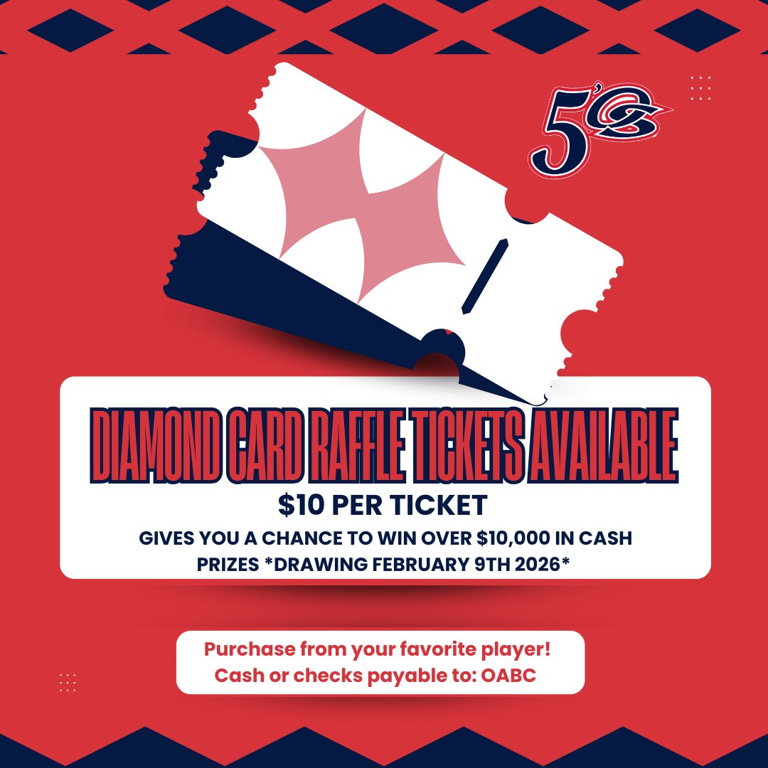 All we want for Christmas are more ball fields. 🎅🙌 Help us work towards that goal by purchasing Diamond Card Raffle Tickets from your favorite Five O's Players!🎫🔷⚾️🥎

🎫$10 per ticket
🤑$10,000+ in prizes
📆 Drawing is February 9th, 2026
⚾️🥎Help us support our program!