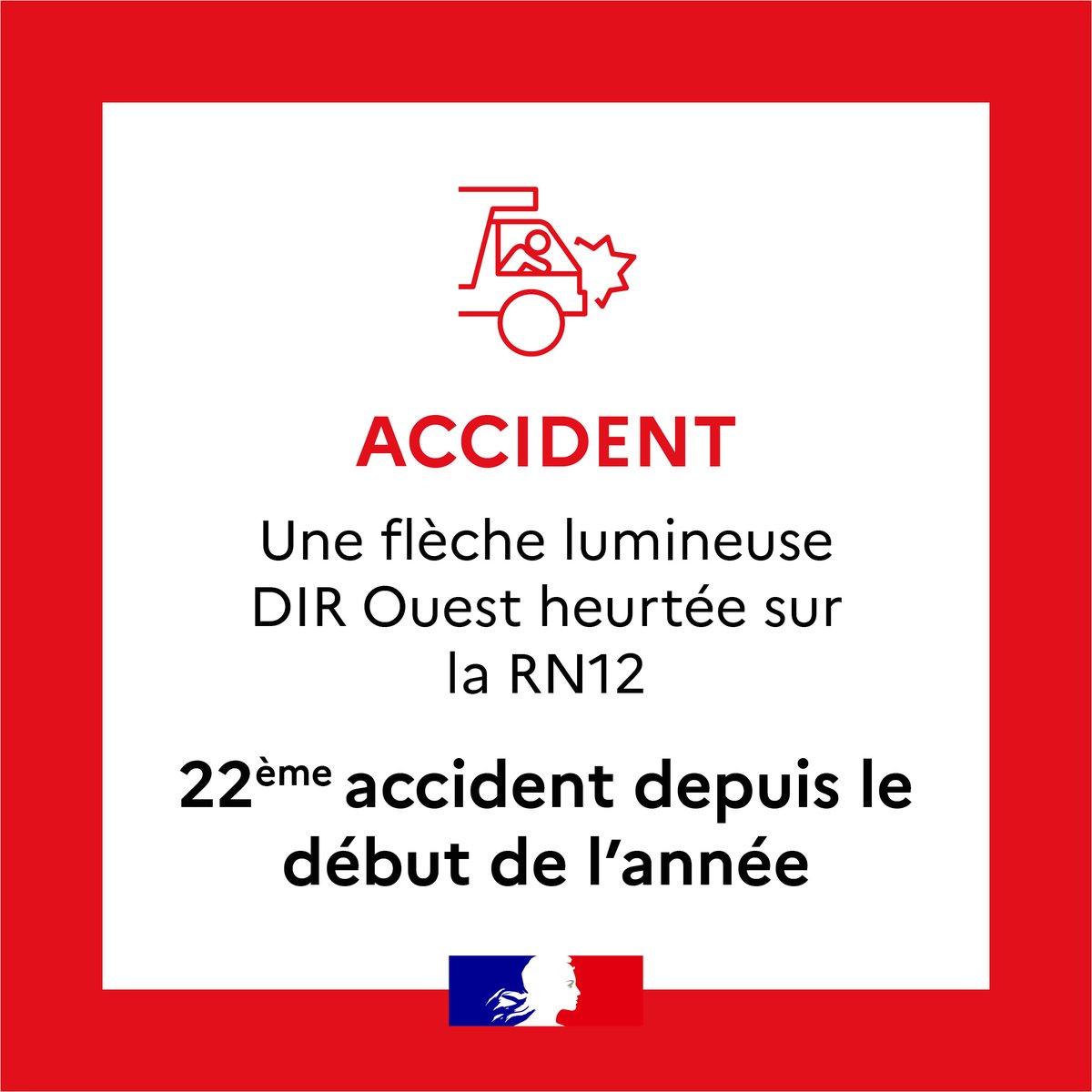 🚨 22ème #accident
Aujourd'hui, une flèche lumineuse a été heurtée sur la RN12 en direction de Rennes, par un véhicule non identifié
 👉 Soyez attentifs : respectez le corridor de sécurité !