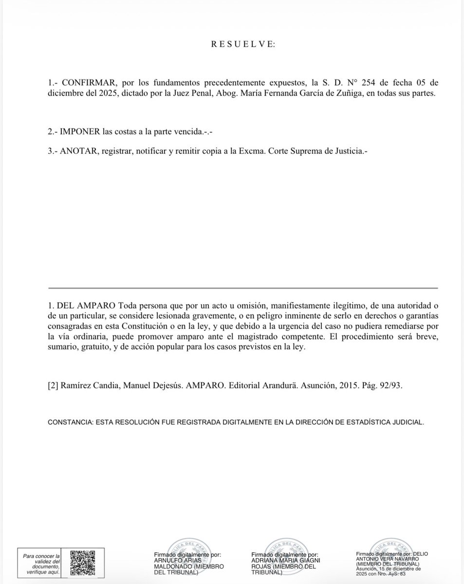 La sentencia de los jueces ARNULFO ARIAS MALDONADO, ADRIANA MARÍA GIAGNI ROJAS y DELIO VERA NAVARRO hoy enterró la democracia. Que sus hijos, sus nietos y sus bisnietos lo sepan. 

Negaron el amparo de acceso a la información de interés público porque dicen que no es “urgente”