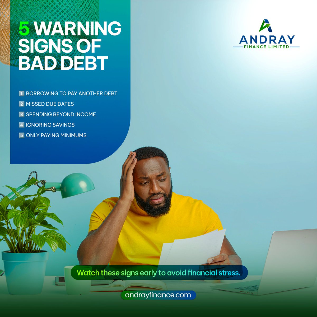 AndrayFinance's tweet photo. ⚠️ 5 Warning Signs You’re Falling Into Bad Debt

1️⃣ Borrowing to pay another debt
2️⃣ Missed due dates
3️⃣ Spending beyond income
4️⃣ Ignoring savings
5️⃣ Only paying minimums

We can help you reset your finances 

#AndrayFinance #EmpowerYourDreams #DebtFreeNaija #FinanceTips https://t.co/o25dehLMlF