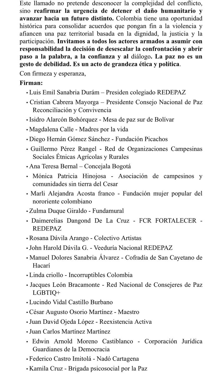 Redepaz_Oficial's tweet photo. #URGENTE 🚨Más de 50 organizaciones, liderazgos sociales, procesos territoriales y voces de paz de todo el país firmamos esta carta abierta dirigida a los Grupos Armados No Estatales. ⬇️ https://t.co/XqXhMFr2Ev