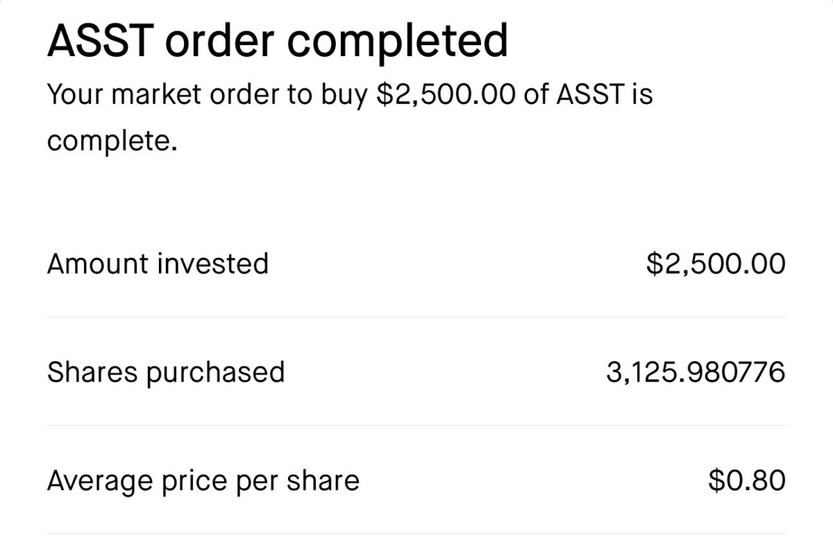 Thought about sniping the Bitcoin dip. Decided to go for amplified Bitcoin  with ASST down 8% this morning. I now have a small position in ASST at  $0.80. Their structure is clean,