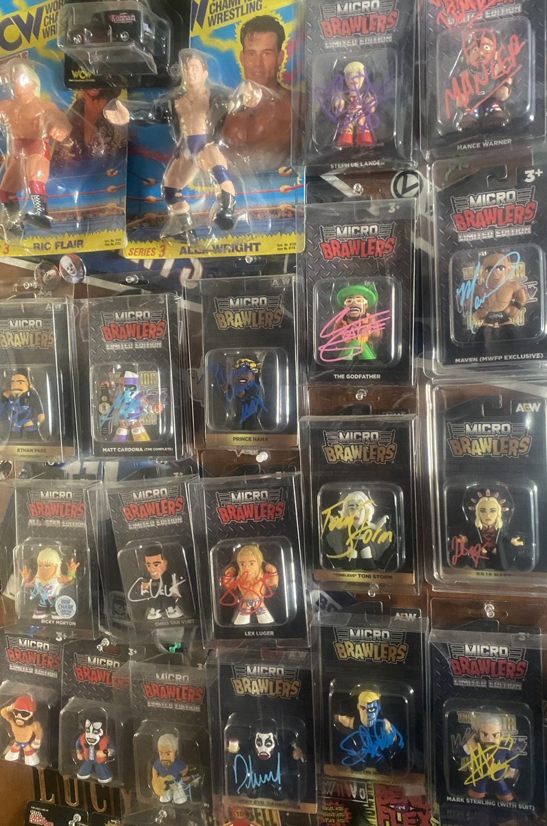 DclarkCollects's tweet image. Thanks to @TheMattCardona’s Black Friday sale I added #TheComplete #MicroBrawler I’m up to 16 signed brawlers-Steph, Mance, Ethan, Nana, Mark, Godfather, Maven, Lex, CVV, Morton, Toni, Julia, Dustin, Danhausen, &amp;amp; Hendry🔥#ScratchThatFigureItch #CollectMajor #DrinkMajorGarageBeer