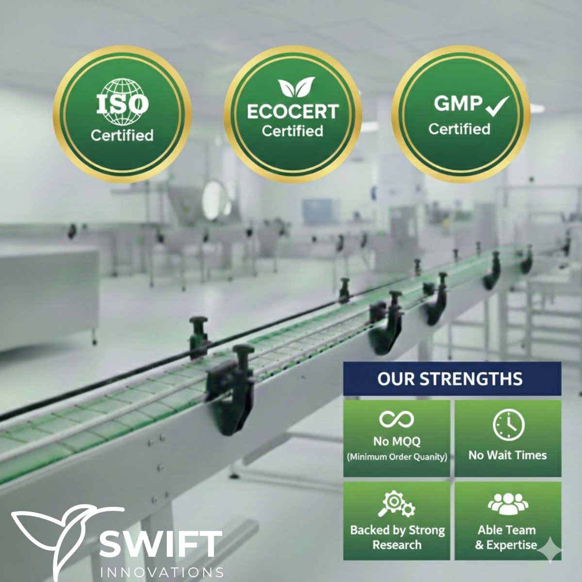 SwiftInnovatio2's tweet photo. Proud to share what we’re building at Swift Innovations 🚀
Science-led manufacturing, global certifications, zero MOQ, and fast execution—without compromising sustainability or quality. 🌱🔬

#SwiftInnovations #CleanManufacturing #SustainableInnovation #Research #MadeInCanada https://t.co/asLB9XsLus