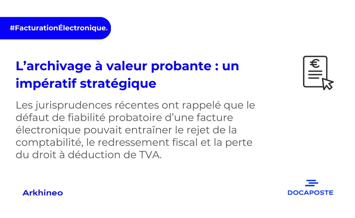 Dans le cadre de la réforme de 2026, la #FacturationÉlectronique ne se limite pas à l’envoi des factures. 👉 Pour garantir une conformité durable, l’archivage à valeur probante s’impose. Un #SAE certifié est aujourd’hui la solution la plus fiable.

#ArchivageProbant #Conformité