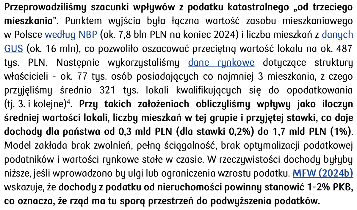 PKO BP oszacował skutki wprowadzenia podatku od 3 mieszkania. Wnioski:

1. Objąłby zaledwie ok. 77 tys. osób.

2. Ale ponad 320 tys. lokali.

3. Wpływy do budżetu przekroczyłyby 1,7 mld PLN (przy stawce 1%).

Szacunki nie obejmują funduszy i firm (te płaciłyby od pierwszego).