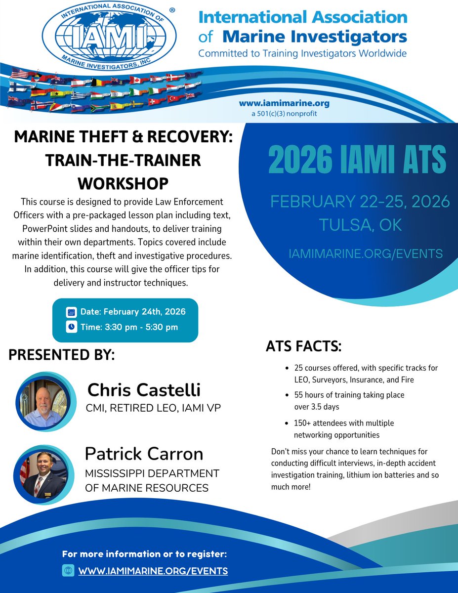 Is  Marine Theft &amp; Recovery in your job description?  Don't miss the Train the Trainer Workshop being taught on Wednesday 25, 2026 at our Tulsa, OK, Annual Training Seminar (ATS).    Learn More at iamimarine.org/ats  #IAMIMarine #CMI #CMFI  #MarineTheft #MarineInvestigations