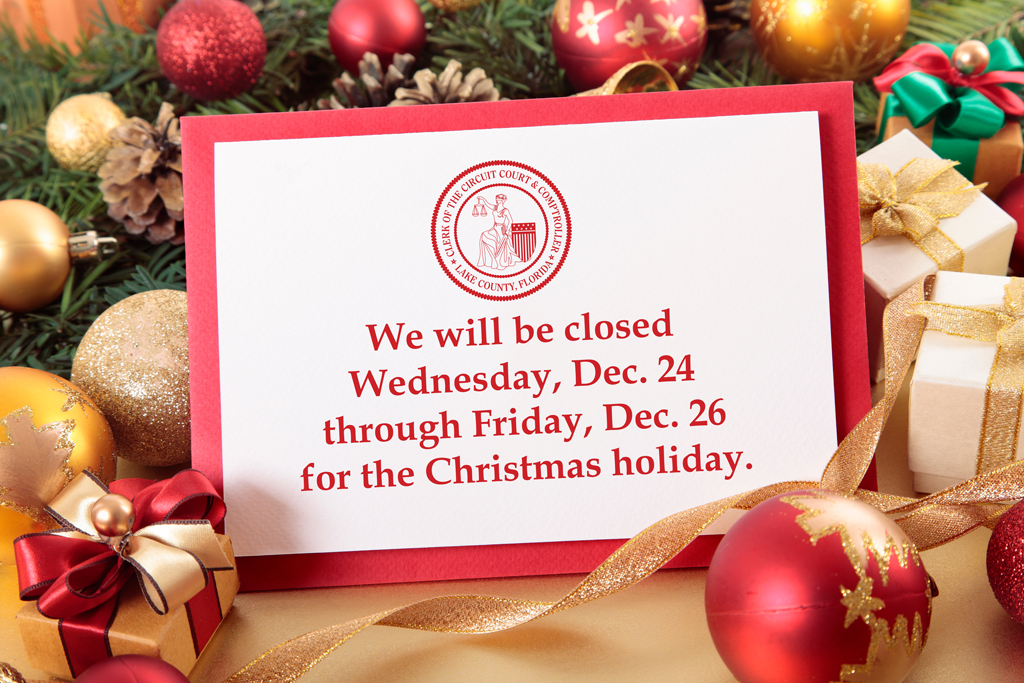 All offices of the Lake County Clerk of the Circuit Court &amp; Comptroller will be closed Wednesday, Dec. 24, through Friday, Dec. 26, for the Christmas holiday.

We wish you and your family a safe and happy holiday!
🎄🧑‍🎄🎁