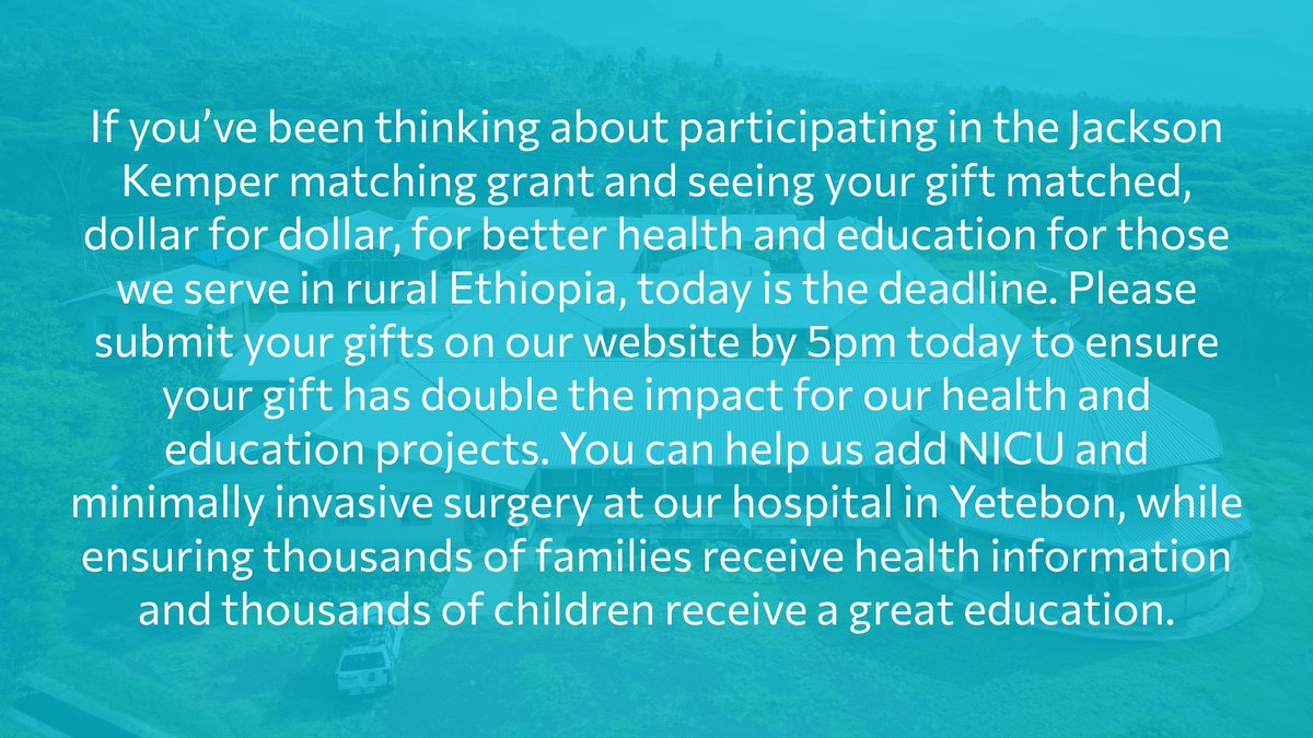 ProjectMercy's tweet image. We are so close to our matching goal, and there are just a few hours left to #DoubleYourImpact for #Health and #Education in rural #Ethiopia. Donate today by 5pm at at projectmercy.org/donate and join the Jackson Kemper matching grant!