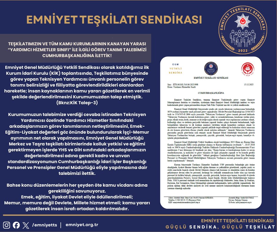 TEŞKİLATIMIZIN VE TÜM KAMU KURUMLARININ KANAYAN YARASI “YARDIMCI HİZMETLER SINIFI” İLE İLGİLİ GÖREV TANIMI TALEBİMİZİ CUMHURBAŞKANLIĞINA İLETTİK!

Emniyet Genel Müdürlüğü Yetkili Sendikası olarak katıldığımız ilk Kurum İdari Kurulu (KİK) toplantısında, Teşkilatımız bünyesinde