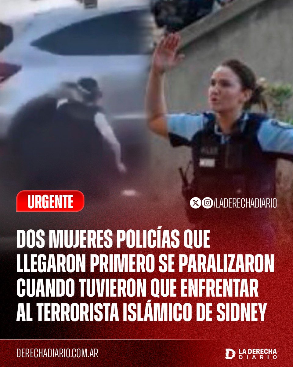 laderechadiario's tweet image. 🚨🇦🇺 | Papelón: Dos mujeres policías que llegaron primero al atentado de Sydney se paralizaron y buscaron refugio cuando tuvieron que enfrentar a los terroristas islámicos en Bondi Beach, permitiendo que murieran más personas alcanzadas por el tiroteo.