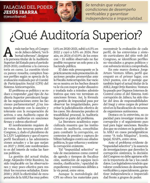 Jalisco necesita una Auditoría <a href="/asejalisco/">Auditoría Superior del Estado de Jalisco</a> con capacidad y arrojo: que investigue redes de corrupción, las lleve a sanción y recupere activos corruptos. Sin eso, la impunidad selectiva seguirá prevaleciendo. <a href="/LegislativoJal/">Congreso de Jalisco</a>