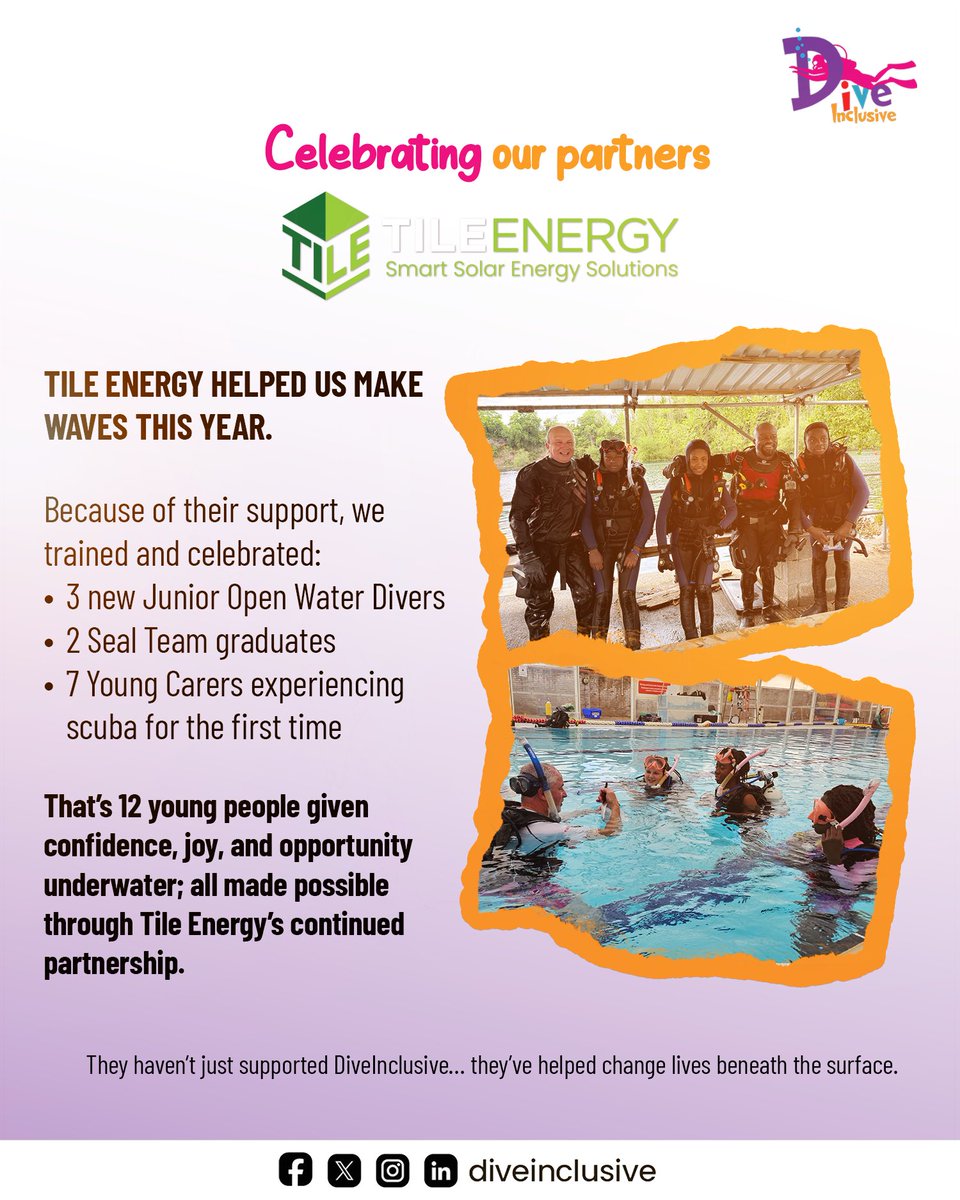 DiveInclusive's tweet image. Shout-out to Tile Energy @TileEnergy for supporting DiveInclusive! 🤝
Tile Energy delivers smart solar energy solutions across the UK helping homes &amp;amp; businesses go green with high-quality solar systems. Learn more  tileenergy.uk

#diveinclusive #thankyou  #support