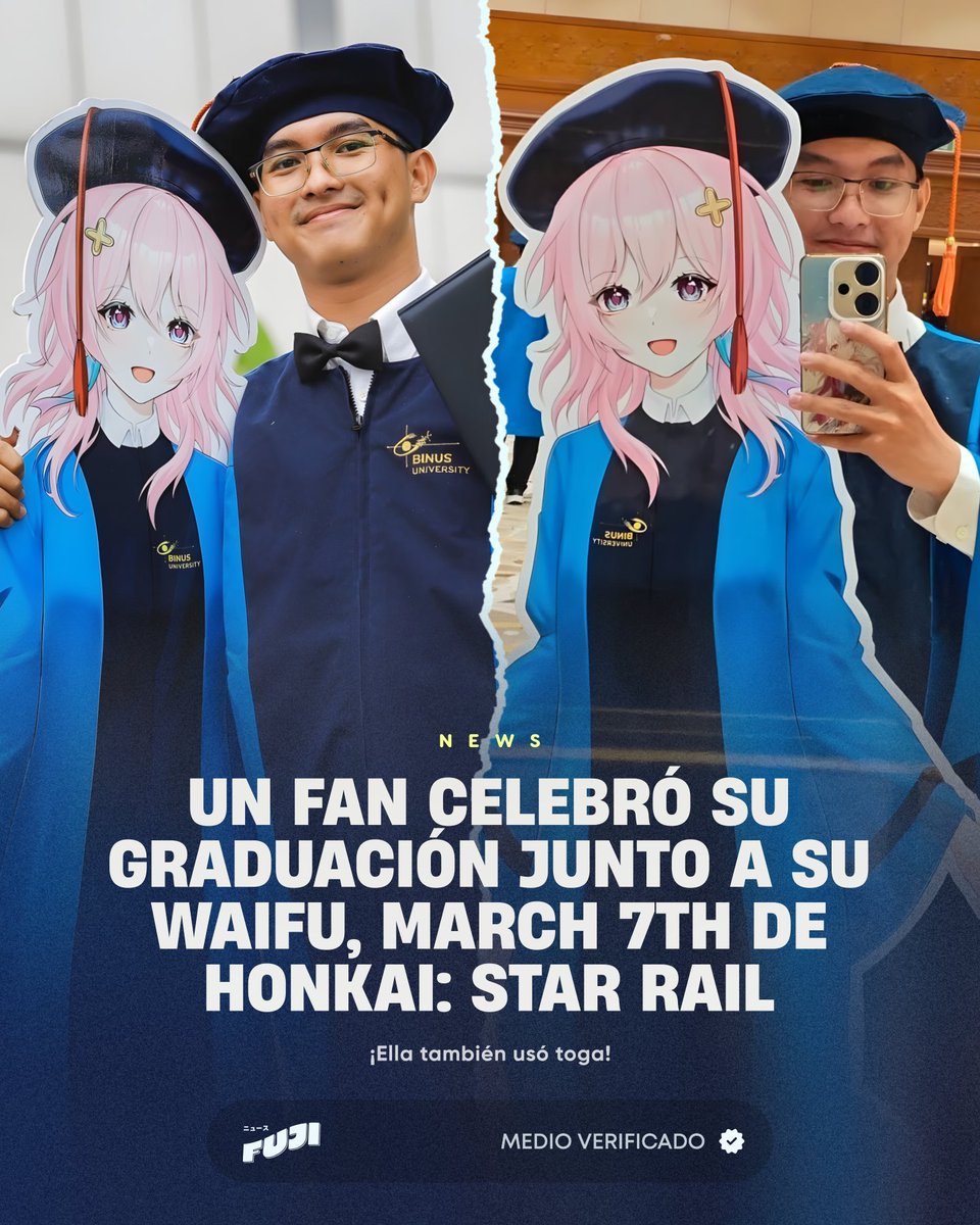 FujiNews_'s tweet image. 🚨INSÓLITO: Un fan se gradúa de la universidad y sube al escenario acompañado de su waifu de "Honkai: Star Rail". 📜✨

El estudiante llevó un standee tamaño real de March 7th, vistiéndola con su propia toga y birrete para recibir el título juntos.

📉 La imagen ya es viral y…