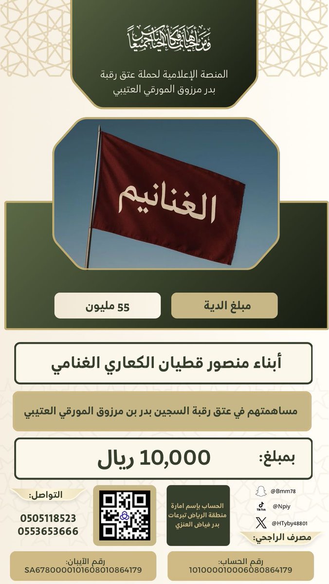 #حملة_عتق_رقبة_بدر_مرزوق_المورقي_العتيبي

ويستمر عطاء ابناء العم  بارك الله فيهم 
مساهمة  ابناء منصور قطيان الغنامي