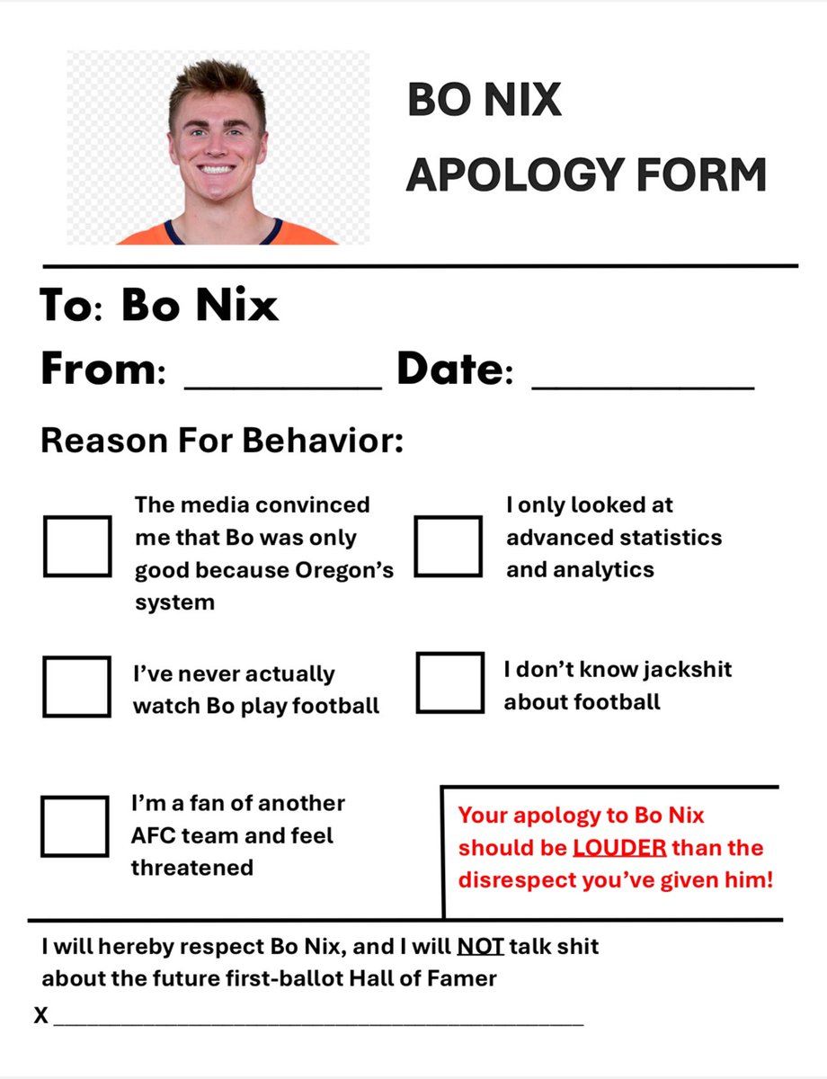 MileHighMoyer's tweet photo. @PatMcAfeeShow @tyschmit #idontwannaoverreactBUT the Denver Broncos are the Best Team in football. Every week we are doubted, every week people talk trash about Bo Nix and every week Bo leads us to a win. I expect the national media and haters to fill this out. https://t.co/msIgsh1HnV