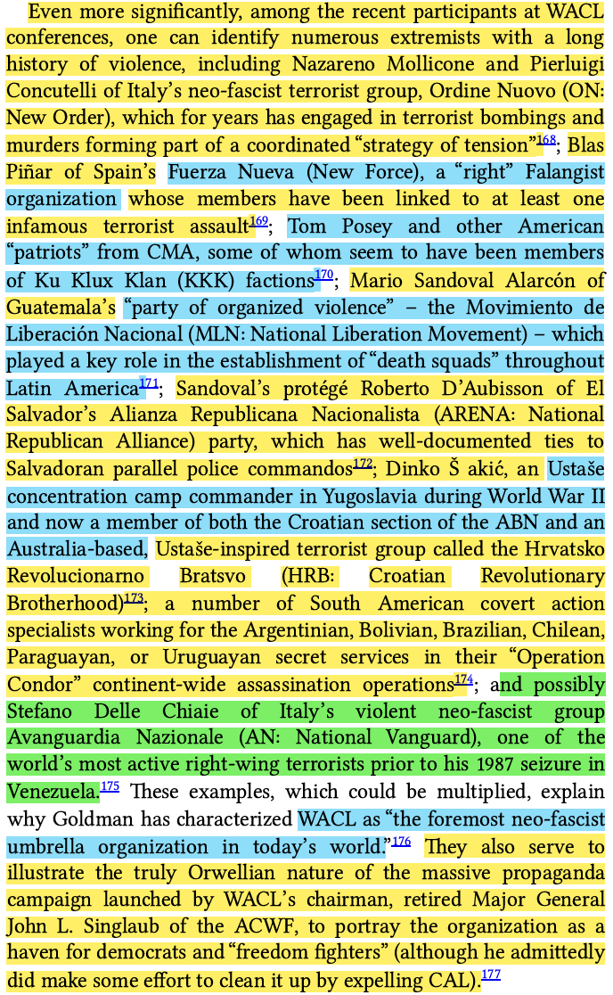 toxictiramisu's tweet photo. The World Anti-Communist League coordinated a global network of Nαzi, KKK, Ustaše, Moonies, Kuomintang members &amp; Latin American death-squad founders. Backed by CIA, WACL directed training, funding &amp; operations for assassinations, sabotage &amp; terror in service of US covert policy. https://t.co/3p1rDREOHu