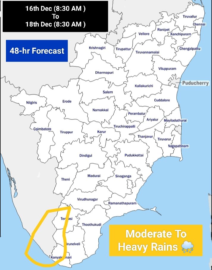 TNW_2020's tweet image. 16.12.2025 and 17.12.2025:Easterly Wave To Bring Light to Moderate Rains (With Isolated Heavy Spells) Over Coastal TN Including Chennai ☔ Mean While Heavy Rains Likely Over Western Ghat Regions of Extreme South TN (Especially Tirunelveli Dt ) 🌧️
#NEM2025 #TNRains
