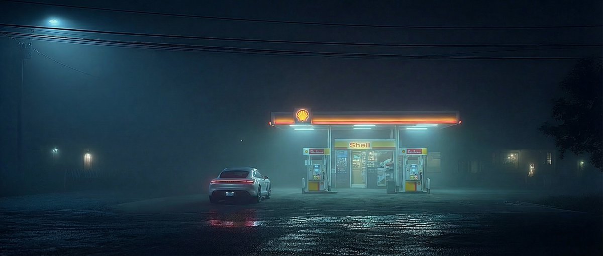 Foggy gas station scene