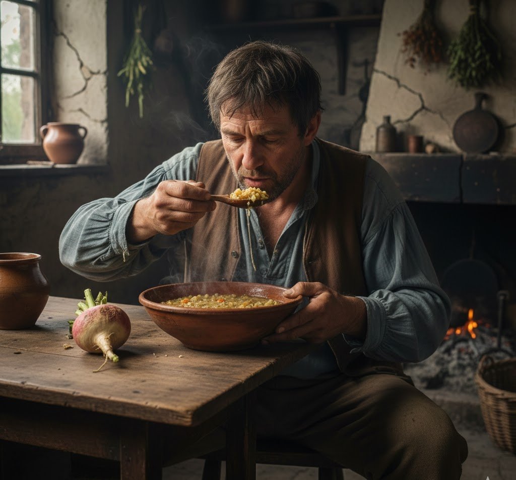 France, 1780s. The Revolution is coming but nobody knows yet.

Peasant family in 1785 works noble-owned land. They grow wheat, raise pigs, keep chickens, tend gardens. The harvest is substantial.

What they eat: Dark rye bread, vegetable soup called "potage," occasionally cabbage