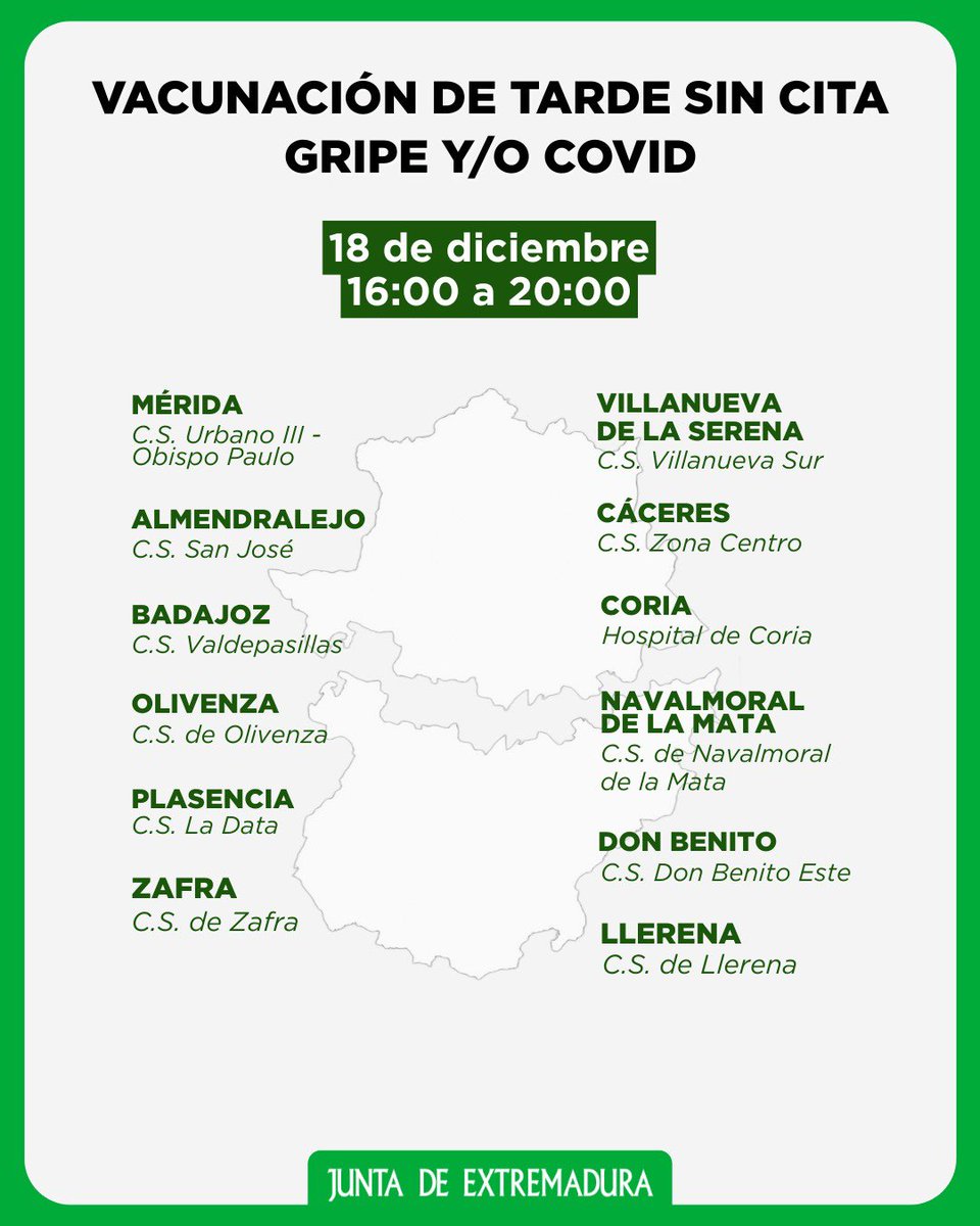💉 El SES amplía la vacunación de tarde sin cita previa contra la gripe y el COVID en las ocho Áreas de Salud de Extremadura.

🕓 Será el próximo jueves 18 de diciembre en los centros de salud que aparecen en la imagen y solo necesitas llevar tu DNI y tarjeta sanitaria.