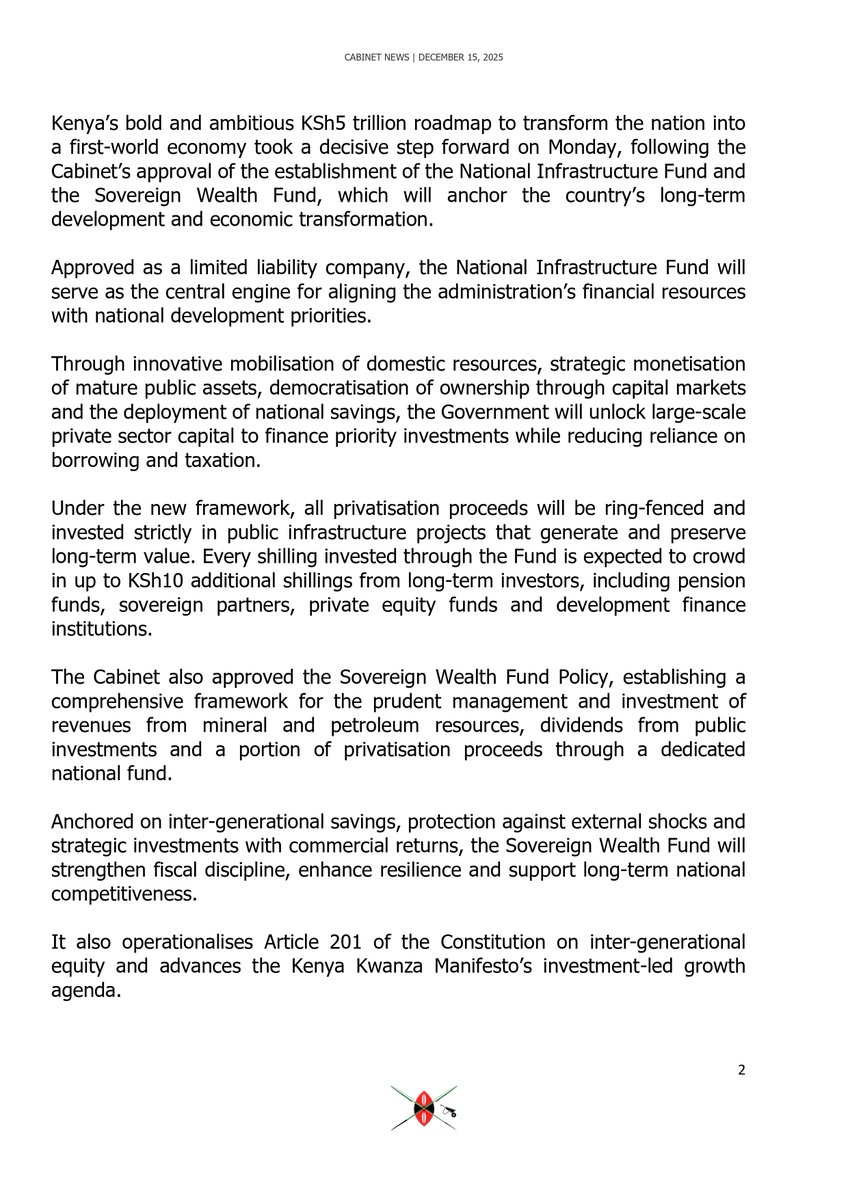 HusseinMohamedg's tweet image. The Cabinet has approved the establishment of the National Infrastructure Fund &amp;amp; the Sovereign Wealth Fund, the twin engines designed to underpin President Ruto’s bold and ambitious KSh 5 trillion roadmap to transform Kenya into a first-world economy.

More from Cabinet👇🏻