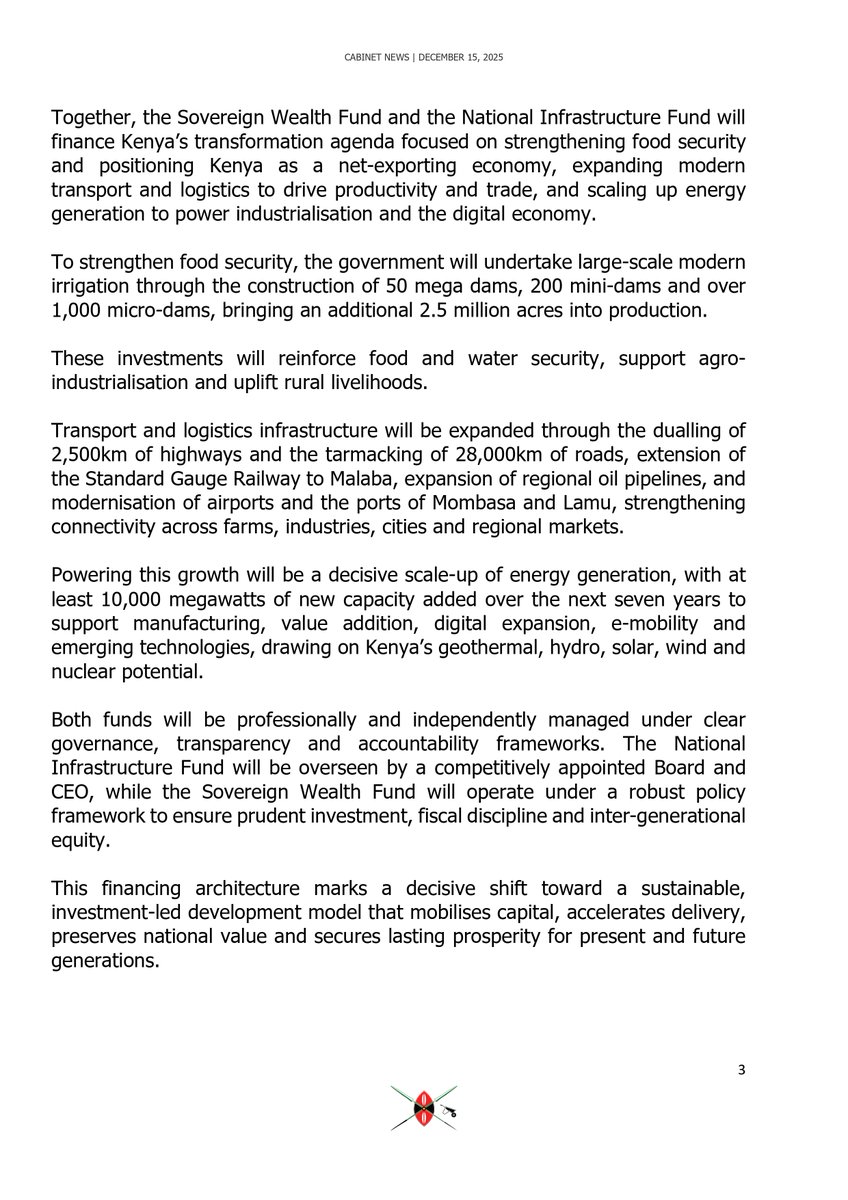 HusseinMohamedg's tweet image. The Cabinet has approved the establishment of the National Infrastructure Fund &amp;amp; the Sovereign Wealth Fund, the twin engines designed to underpin President Ruto’s bold and ambitious KSh 5 trillion roadmap to transform Kenya into a first-world economy.

More from Cabinet👇🏻