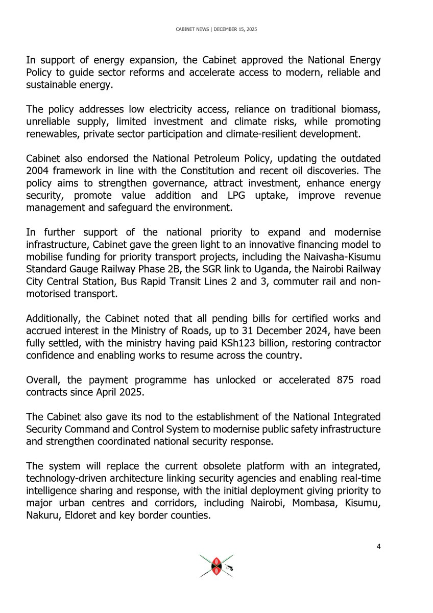 HusseinMohamedg's tweet image. The Cabinet has approved the establishment of the National Infrastructure Fund &amp;amp; the Sovereign Wealth Fund, the twin engines designed to underpin President Ruto’s bold and ambitious KSh 5 trillion roadmap to transform Kenya into a first-world economy.

More from Cabinet👇🏻
