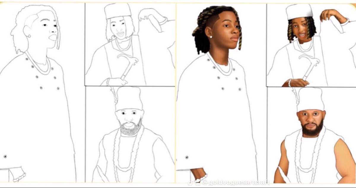 Goldvogue1's tweet photo. Moving from sketch to the core render on the Trio Regal Portrait. If you could only see ONE detail finished right now, what would it be?
Models: Black Heart & Yul Edochie
#WIP #ArtProcess #DigitalArt #QuestionArt #XArt #SketchToColor https://t.co/jLAWKcjXCh