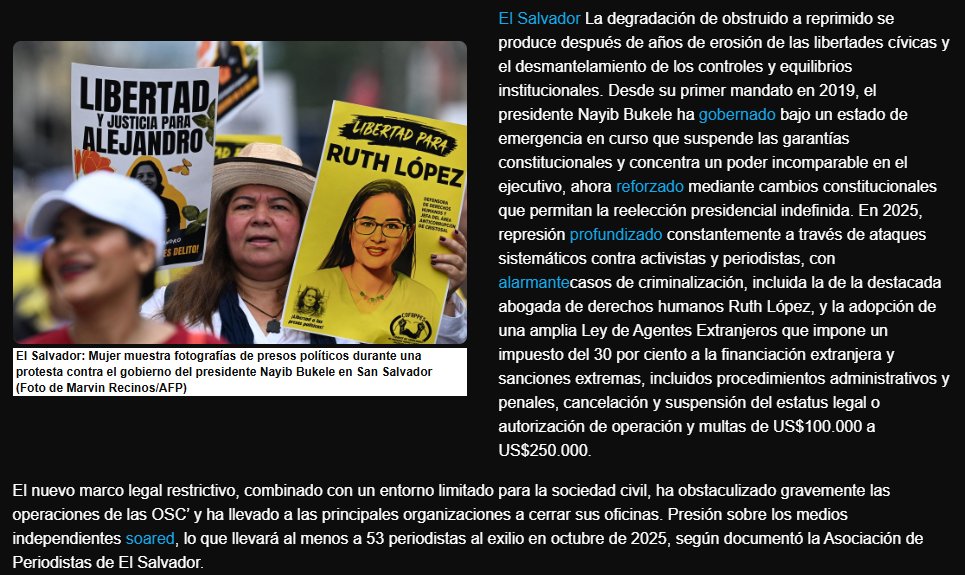 Cristosal's tweet photo. ✍️El informe #PeoplePower2025 de @CIVICUSMonitor, uno de los principales monitoreos internacionales sobre libertades cívicas, documenta el deterioro acelerado del espacio cívico en El Salvador: Estado de excepción permanente, concentración de poder y criminalización de personas defensoras.

📄 Puedes leer el informe acá: https://t.co/bWRk6zpXjB

#TenganDecencia #RuthFloreceEnLibertad