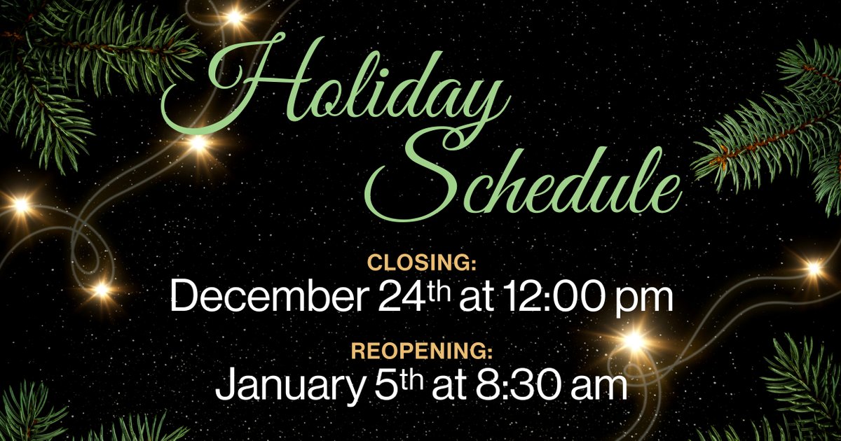 efdotca's tweet photo. With the holidays approaching, we’d like to share a friendly reminder. Our office will close at noon on December 24th and will reopen at 8:30 a.m. on January 5th. Happy holidays! https://t.co/611mKtmQbc