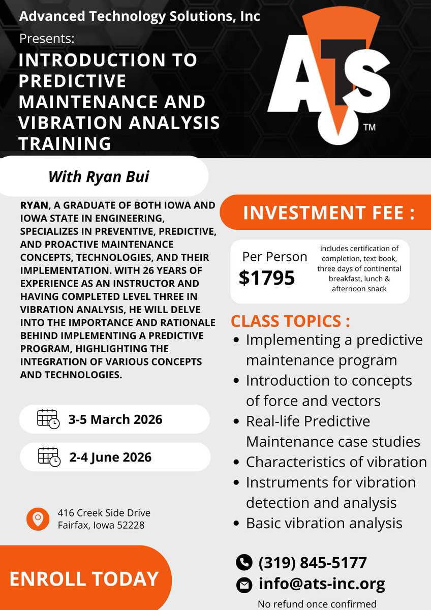 Our next Introduction to Predictive Maintenance and Vibration Anaysis Training is scheduled for March 3-5. Give us a call and get registered!

#vibrationanalysis #predictivemaintenance #conditionmonitoring #ATSINC