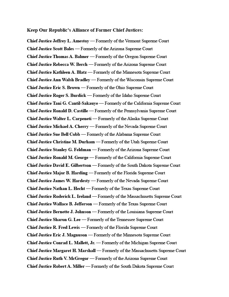 keep_republic's tweet photo. Today on Bill of Rights Day, more than 40 former state Supreme Court Chief Justices are launching Keep Our Republic’s Alliance of Former Chief Justices, a state focused effort to defend &amp; educate the public on judicial independence, the rule of law, and our constitutional balance https://t.co/lm4fg10Khc