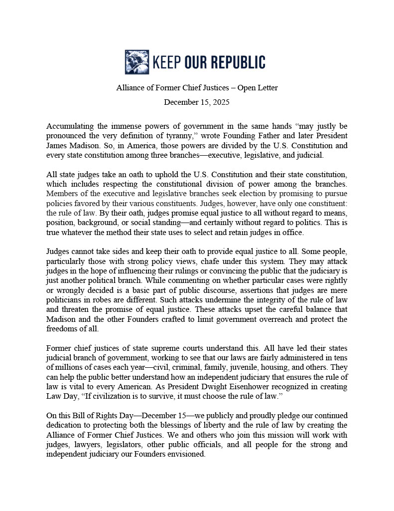 keep_republic's tweet photo. Today on Bill of Rights Day, more than 40 former state Supreme Court Chief Justices are launching Keep Our Republic’s Alliance of Former Chief Justices, a state focused effort to defend &amp; educate the public on judicial independence, the rule of law, and our constitutional balance https://t.co/lm4fg10Khc