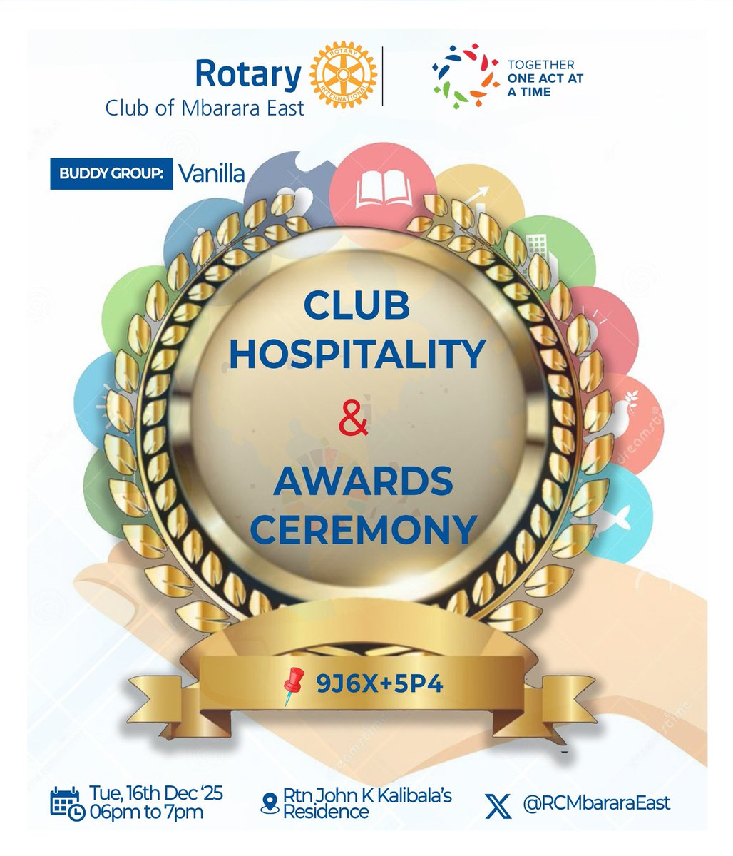 This Tuesday evening, we will not be holding our usual fellowship. Instead, we will relocate from our regular venue to attend a hospitality  social event at the residence of Rtn John Kalibala. 

You are welcome to join us, and the location details are provided in the flyer below.