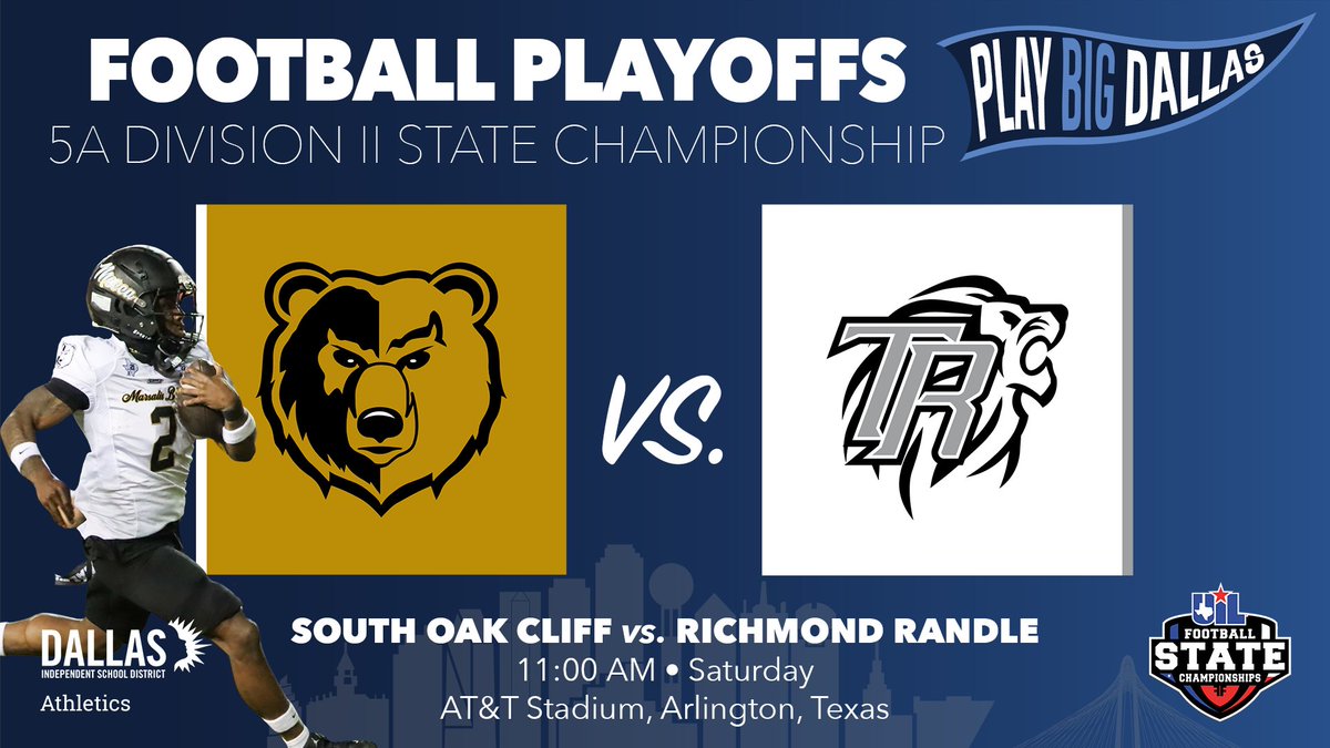 🏆 UIL 5A Division 2 State Championship
🆚 South Oak Cliff (V) vs. Richmond Randle (H)
📅 Saturday, Dec. 20
🕚 11 AM
🏟️ AT&amp;T Stadium
📍 Arlington, Texas
🎟️ $20 on Seat Geek - bit.ly/4s2X5rK
🤳 5AD2V25 ($5 off)
📺 Victory+
🔈 gotsp.live
#PlayBIGDallas