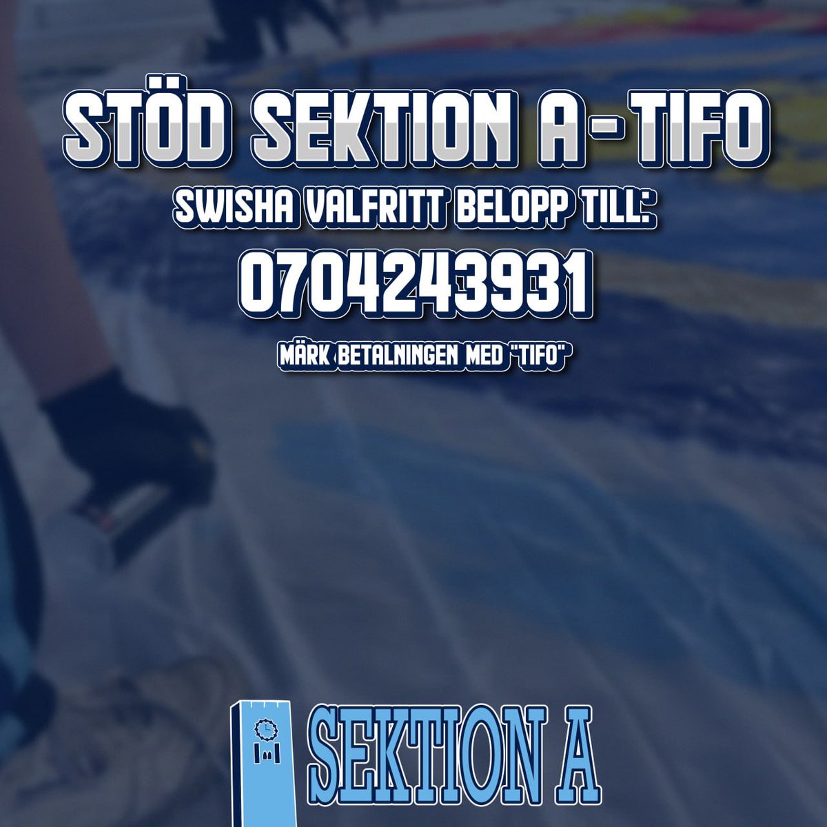 Djurgårdsfamiljen, vi behöver er hjälp!
•
Ditt bidrag är avgörande för fortsatt tifoaktivitet på våra läktare! Samlar vi in 20tkr till tifokassan så har vi en stabil ekonomisk grund för att påbörja arbetet med nästa års tifon redan i vinter. 
•
Alla bidrag välkomnas varmt.