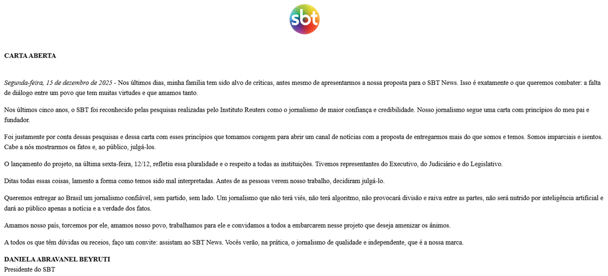 Chegamos ao ponto de uma emissora do porte do SBT fazer sua presidente se posicionar só pq um sertanejo desafinado, que sobrevive exclusivamente de verbas públicas com cachês superfaturados em cidades minúsculas, resolveu dar chilique.

Posto isso, parabéns <a href="/SBTonline/">SBT</a> e <a href="/Danibey/">Daniela Beyruti</a>