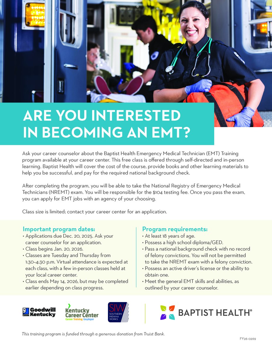 Are you interested in becoming an EMT? Ask one of our career counselors about the Baptist Health Emergency Medical Technician (EMT) Training program available at the Kentucky Career Center-Lincoln Trail. Class size is limited; contact us for an application!