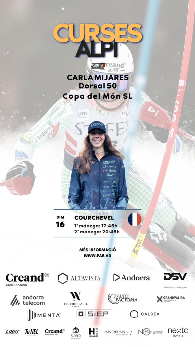 FAEAndorra's tweet image. ALPÍ · #CarlaMijares, aquesta tarda a la Copa del Món de  #Courchevel 🇫🇷.

🎽 Dorsal 5⃣0⃣
🕕 17:45h, 1ª mànega
🕘 20:45h, 2ª mànega

INFO ✅ fae.ad/index.php?opti…

LIVE 📲 live.fis-ski.com/lv-al5022.htm#…

#WorldCupCourchevel #FISAlpine @fisalpine