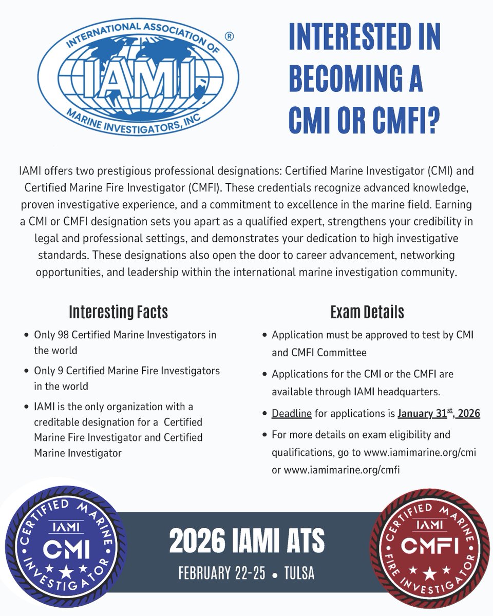 Do you have Marine Training Endorsements,  but want to be among the few Certified Marine Investigation professionals worldwide? Join us in Tulsa OK 2/22-25/2026 Learn More at iamimarine.org/ats #CMI #CertifiedMarineInvestigator #CMFI #CertifiedMarineFireInvestigator
