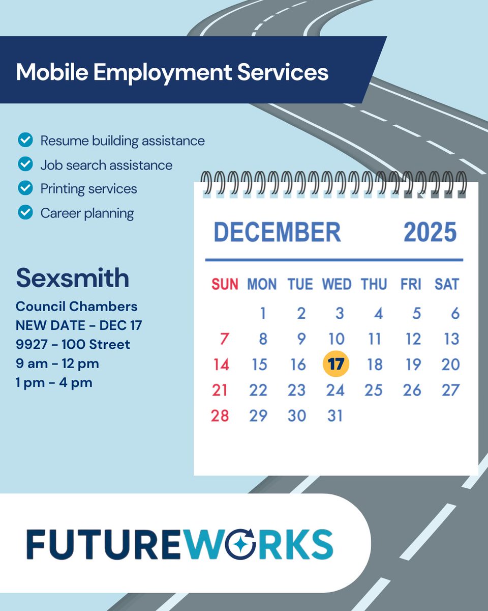 EmployAbilities's tweet image. Due to poor weather conditions and staff illness, we had to postpone the FutureWorks Mobile Employment Services in Sexsmith last week, but we've rescheduled!

Join us on Wednesday, Dec 17th, at the Council Chambers from 9 am - 4 pm (closed 1-12 pm). 

employabilities.ab.ca/futureworks/
