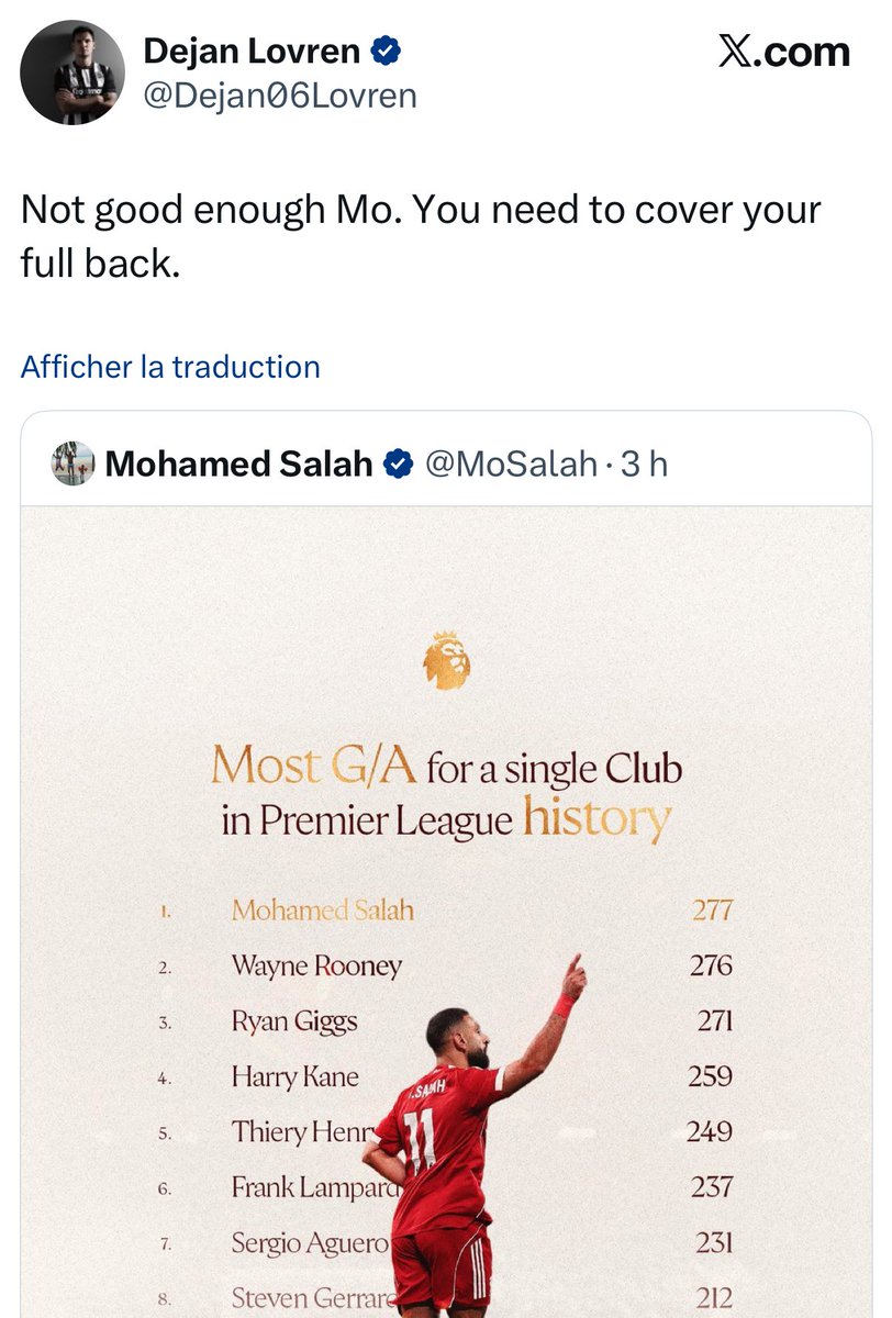 _BeFootball's tweet image. En réponse à tout ce qui se dit sur lui, Mohamed Salah 🇪🇬 vient de publier le classement des joueurs les plus décisifs dans un même club de PL. 🥶🤫 

Réponse de Lovren 🇭🇷😭 : « 𝗖𝗘 𝗡’𝗘𝗦𝗧 𝗣𝗔𝗦 𝗔𝗦𝗦𝗘𝗭 𝗠𝗢, 𝗧𝗨 𝗗𝗢𝗜𝗦 𝗖𝗢𝗨𝗩𝗥𝗜𝗥 𝗧𝗢𝗡 𝗟𝗔𝗧𝗘́𝗥𝗔𝗟. »