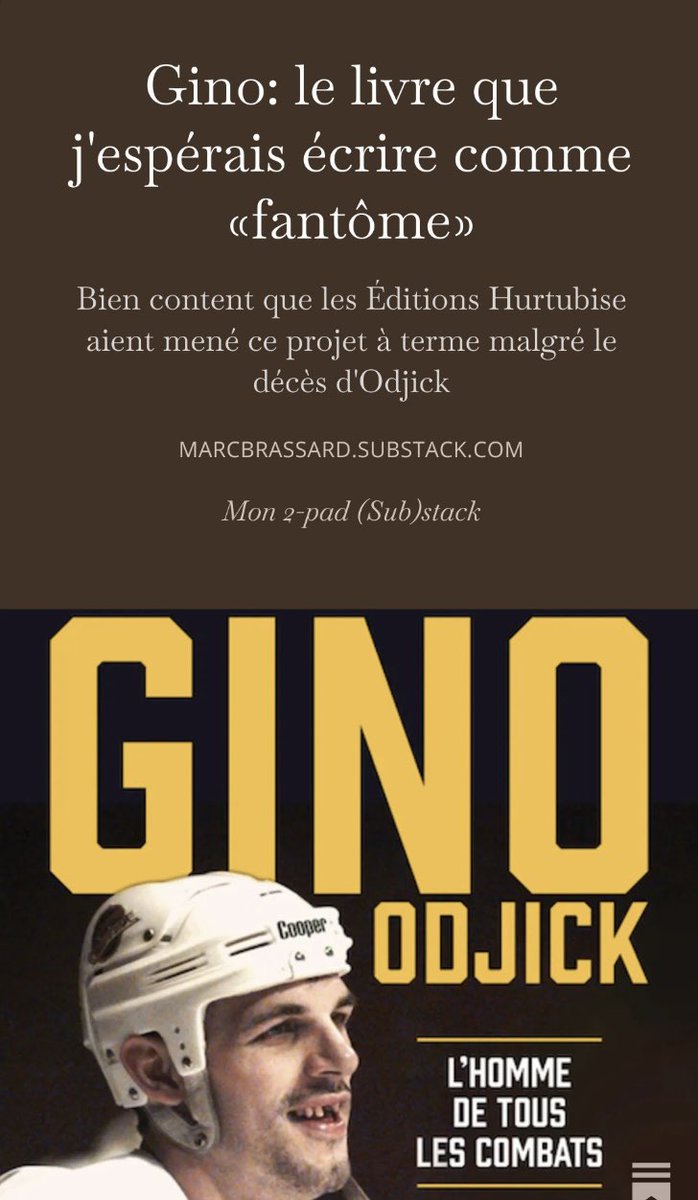 De retour sur mon 2-pad (Sub)stack pour écrire sur Gino Odjick et le livre que j’espérais écrire comme «fantôme».
substack.com/@marcbrassard/…