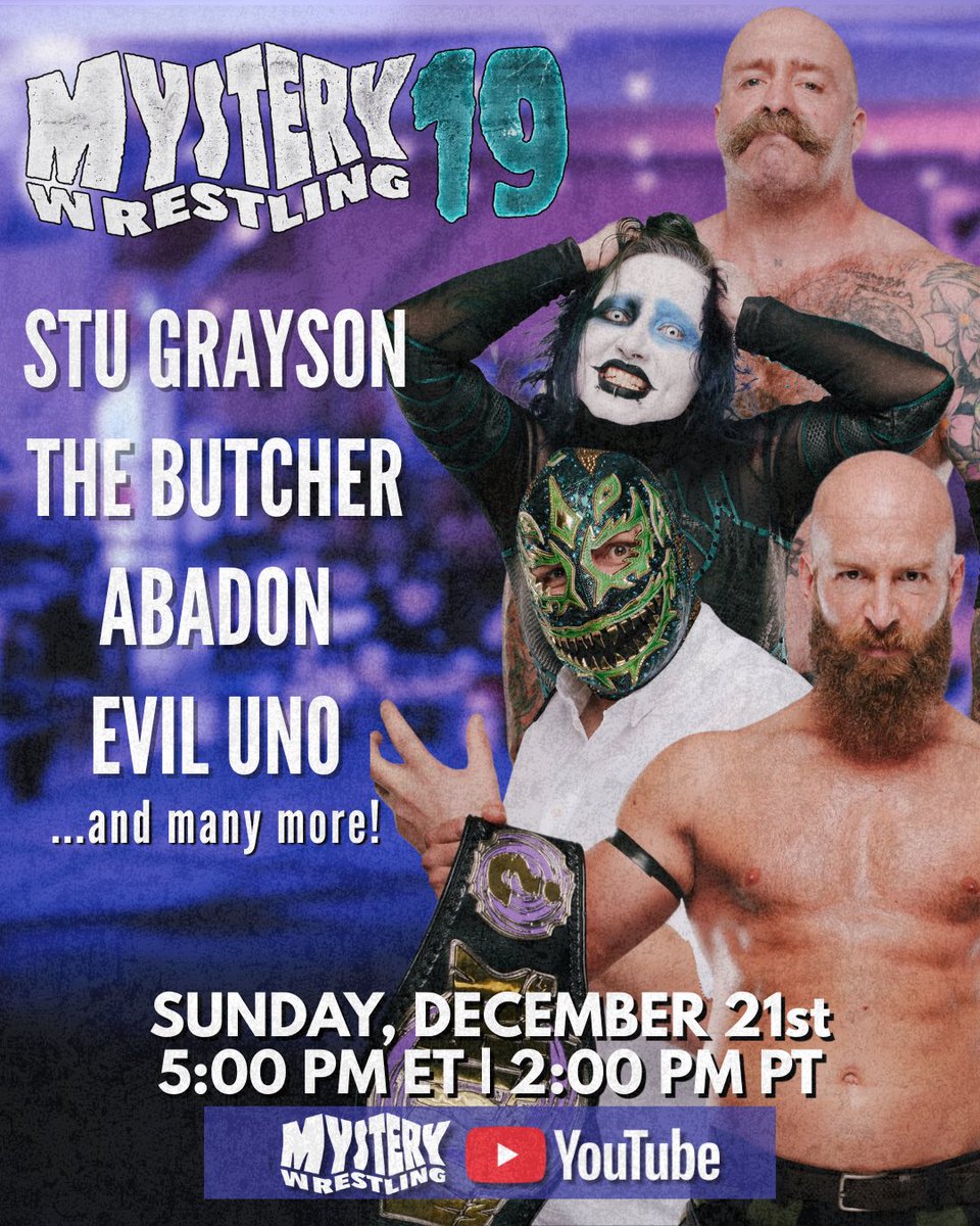 MysteryWrestlin's tweet image. THIS SUNDAY!

In the spirt of the holiday season, #MysteryWrestling19 will be premiering on YouTube FOR FREE at 5 PM ET | 2 PM PT!

WATCH: youtu.be/A8fNtux-TMc

#MysteryWrestling